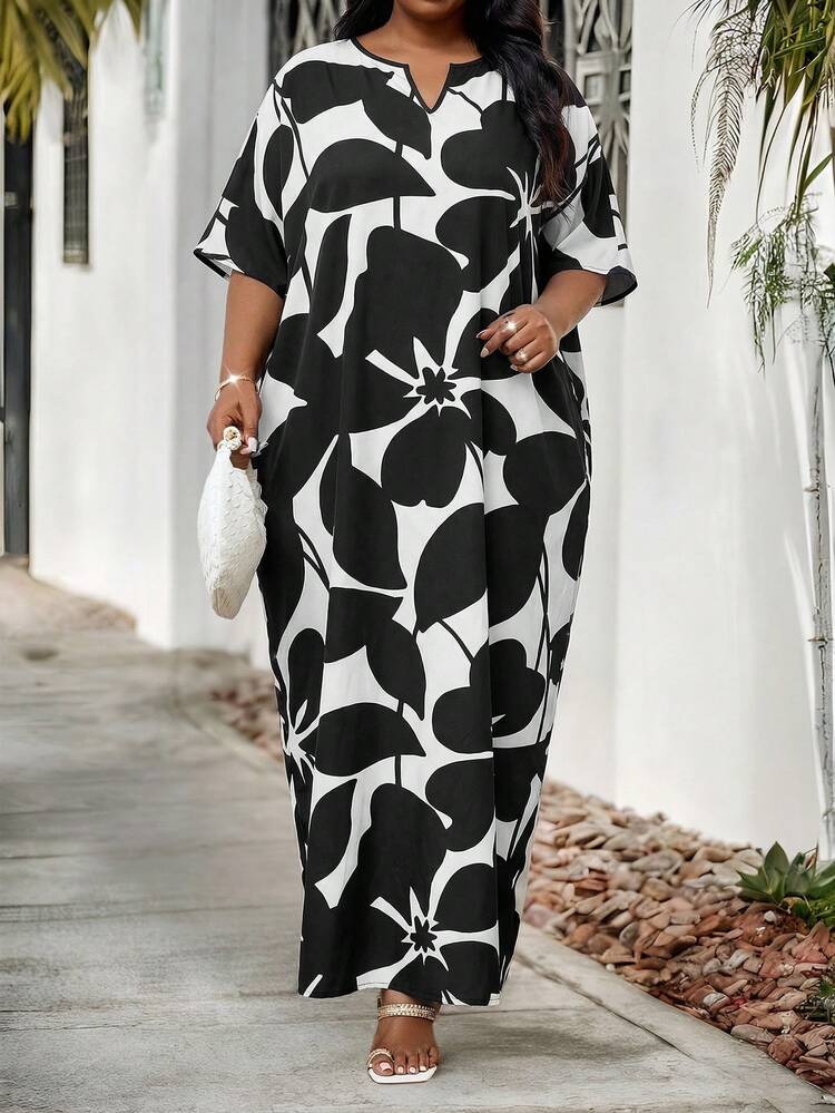 SHEIN Lady Casual Dresses  Plus Size V-Neck Short Sleeve Floral Print Loose Long Casual Dress With Pockets - Multicolor - View 3