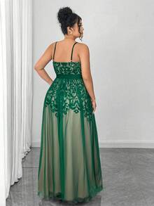 Elenzga Plus Size Dark Green Spaghetti Strap A Line Long Dress With Plants Pattern For Party - Dark Green - View 2