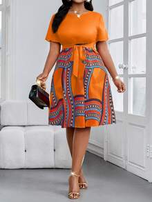 SHEIN Lady Đầm midi tay ngắn dáng suông, thắt eo, cổ tròn, kiểu dáng boho, thanh lịch, thích hợp cho công sở mùa xuân và hè, cỡ lớn. - Nhiều màu - Xem 1