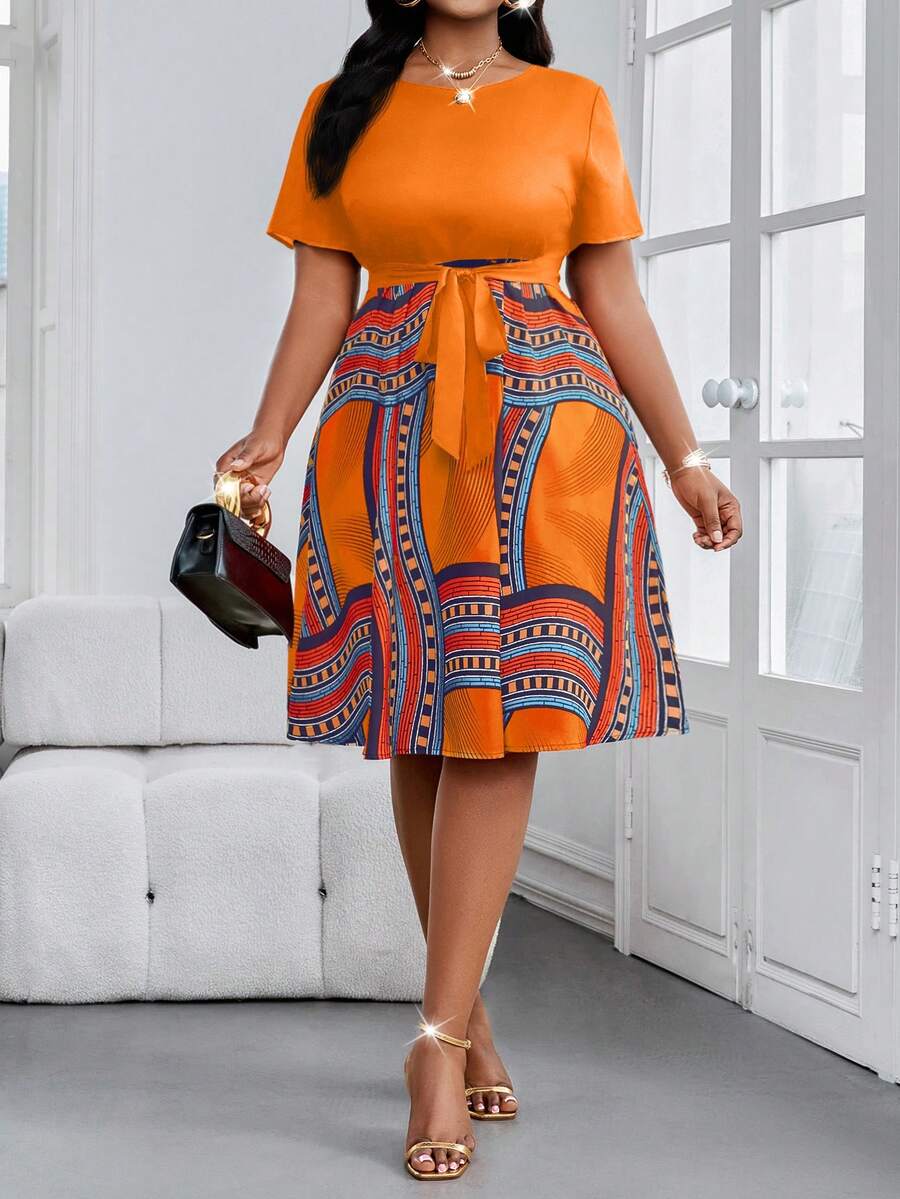 SHEIN Lady Đầm midi tay ngắn dáng suông, thắt eo, cổ tròn, kiểu dáng boho, thanh lịch, thích hợp cho công sở mùa xuân và hè, cỡ lớn. - Nhiều màu - Xem 1