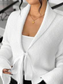 Elenzga Große Größen Lässig einfarbige Schleife Glockenärmel Strickjacke, Herbst/Winter