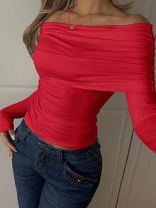 SHEIN EZwear 女士露肩长袖针织T恤，红色，情人节款 - 紅色 - 查看 5