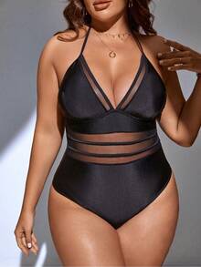 Swim SXY Summer Beach Plus Contrast Mesh Halter One Piece Swimsuit - Black - View 5