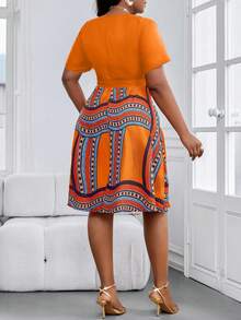 SHEIN Lady Đầm midi tay ngắn dáng suông, thắt eo, cổ tròn, kiểu dáng boho, thanh lịch, thích hợp cho công sở mùa xuân và hè, cỡ lớn. - Nhiều màu - Xem 2