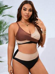 Swim Vcay Plus Size Colorblock Spaghetti Strap Two-Piece Bikini Sets Summer - Multicolor - View 4