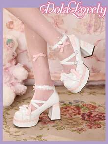 Dola Lovely 女士时尚甜美蝴蝶结装饰蕾丝边防水厚底高跟鞋 - 白色 - 查看 5