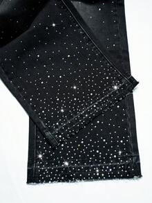 Manfinity EMRG Men's High Street American Streetwear Gradient Washed Rhinestone Embellished Loose Wide Leg Pants, Perfect Holiday Gift For Boyfriend & Husband Mens Rhinestone Jeans Grey Baggy Jeans - Black - View 3