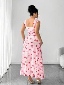 Elenzga Plus Size Women's French Romantic Pink Rose Print Off-Shoulder Dress, Plus Size Cinched Waist Pleated Mesh Maxi Dress, Elegant Fitted Slim Spaghetti Strap Dress 1XL, Suitable For Commute, Date, Vacation, Goddess Style - Pink - View 2