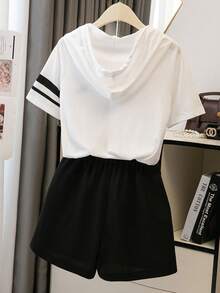 SHEIN LUNE Women's Raglan Sleeve Striped Hooded Drawstring Casual Black Contrast 2 Pieces Set - Black and White - View 2