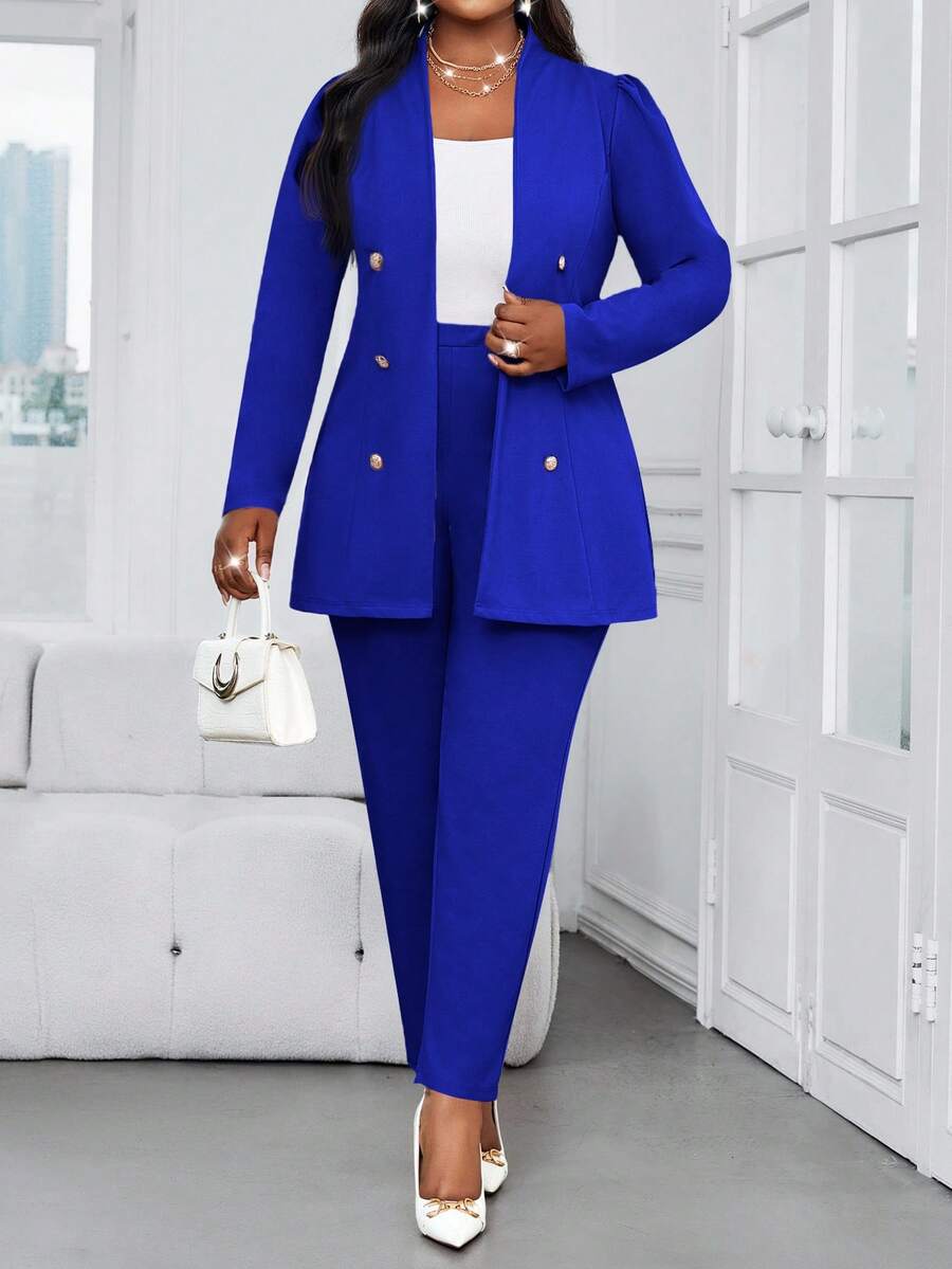 SHEIN Lady Áo khoác lông thú giả cổ đứng màu hồng thanh lịch cho công sở mùa thu đông Nút vàng Tay dài cỡ lớn Co giãn thoải mái - Xanh đậm - Xem 1
