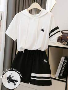 SHEIN LUNE Women's Raglan Sleeve Striped Hooded Drawstring Casual Black Contrast 2 Pieces Set - Black and White - View 1