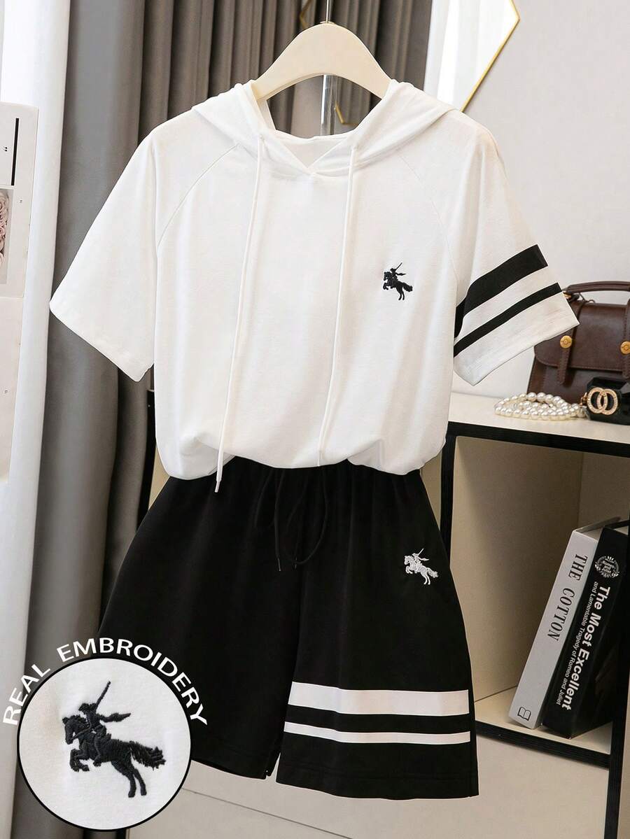 SHEIN LUNE Women's Raglan Sleeve Striped Hooded Drawstring Casual Black Contrast 2 Pieces Set - Black and White - View 1