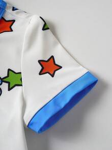 Nick 90s | SHEIN Baby Boy Cute Cartoon Character & Star Letter Graphic Contrast Binding Short Sleeve Comfortable Romper, Summer - Blue and White - View 4