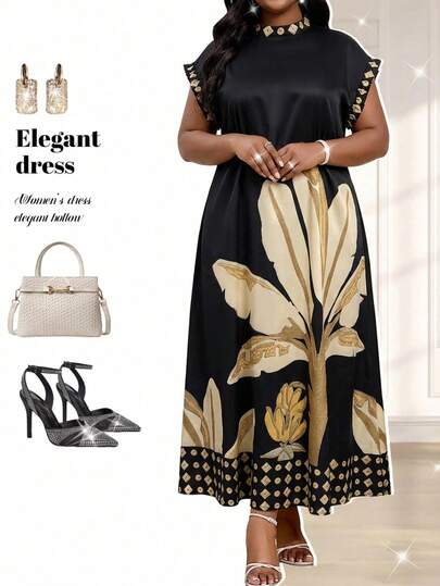 Fleurora Vestido elegante de manga de murciélago con cuello mandarín y estampado de palmeras para mujer de talla grande