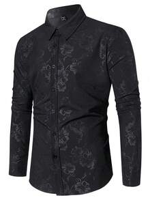 Manfinity AFTRDRK Plus Size Men's Floral Print Turndown Collar Single-Breasted Casual/Work Long Sleeve Shirt - Black - View 1