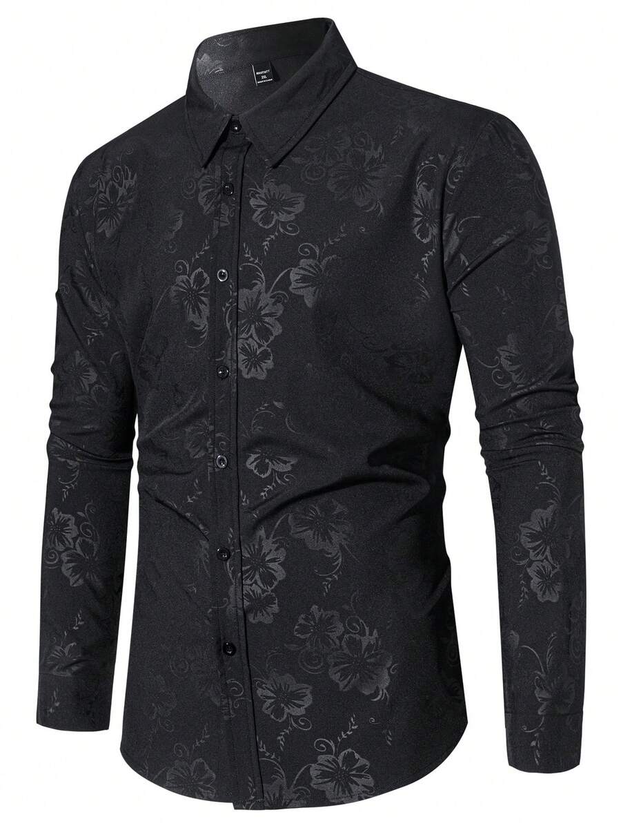 Manfinity AFTRDRK Plus Size Men's Floral Print Turndown Collar Single-Breasted Casual/Work Long Sleeve Shirt - Black - View 1