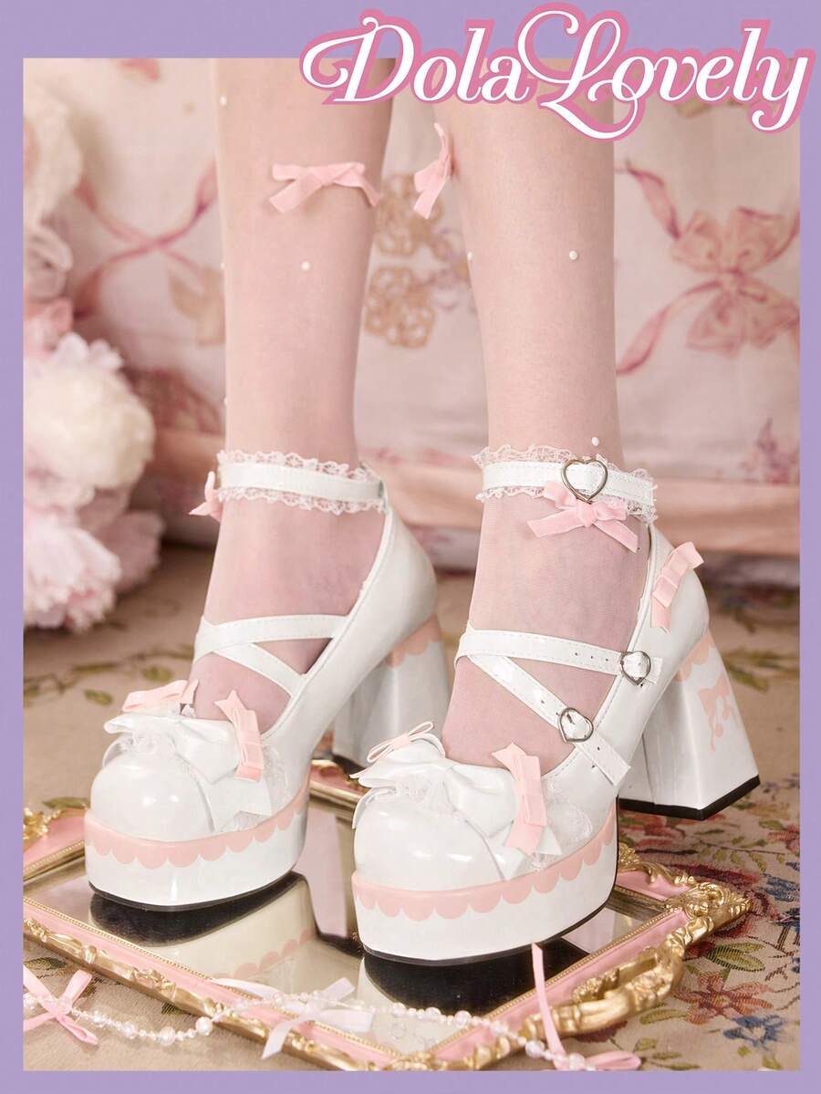 Dola Lovely 女士时尚甜美蝴蝶结装饰蕾丝边防水厚底高跟鞋 - 白色 - 查看 1