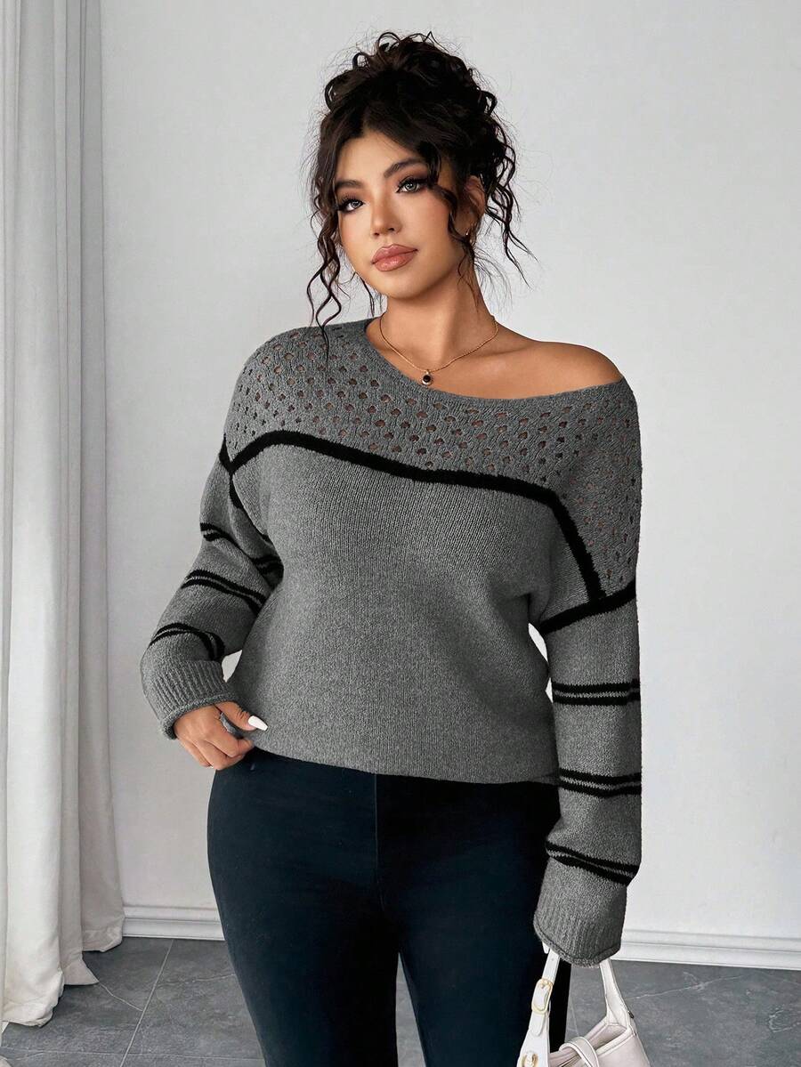 Elenzga Plus Size Women Sweater, Knitted Hollow Out Ribbed Hem Colorblock Striped Long Sleeve Pullover Casual Versatile Sweater Plus Size Sweaters Sweater Top - Dark Grey - View 1