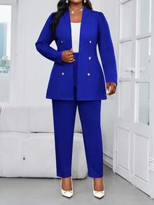 SHEIN Lady Áo khoác lông thú giả cổ đứng màu hồng thanh lịch cho công sở mùa thu đông Nút vàng Tay dài cỡ lớn Co giãn thoải mái - Xanh đậm - Xem 6