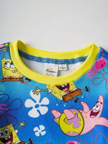 SpongeBob SquarePants | SHEIN Baby Boy Comfortable Cute Cartoon Pattern Crew Neck Long Sleeve Top And Pants Pajama Set, Autumn - Blue - View 3