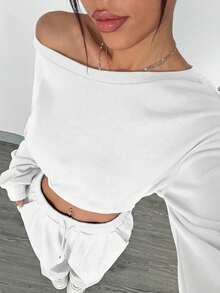 SHEIN EZwear 两件套针织女式斜肩上衣和裤子套装 - 白色 - 查看 3