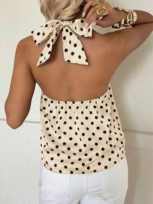 SHEIN EZwear Women's Elegant Loose Halter Neck Tie Polka Dot Blouse - Apricot - View 2