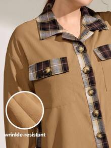 Momelise Plus Size Khaki Plaid Patchwork Blouse Wrinkle Resistant Woven Fabric Regular Length Shirt - Khaki - View 1