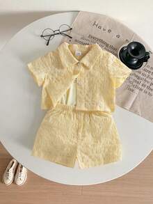 SHEIN 3件套女婴度假休闲纹理面料套装，包括衬衫、短裤和连体衣，适合日常穿着，夏季款 - 黃色 - 查看 4