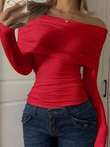 SHEIN EZwear 女士露肩长袖针织T恤，红色，情人节款 - 紅色 - 查看 6