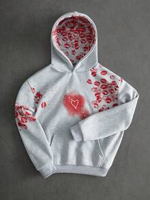 Manfinity EMRG Men's Autumn/Winter Street-Style Popular INS Matching High-End Niche Heart Print Hoodie, Personalized English Text Outdoor Music Festival, Nightclub Bar, Boyfriend/Husband Gift, Anniversary Gift, White - Light Grey - View 3