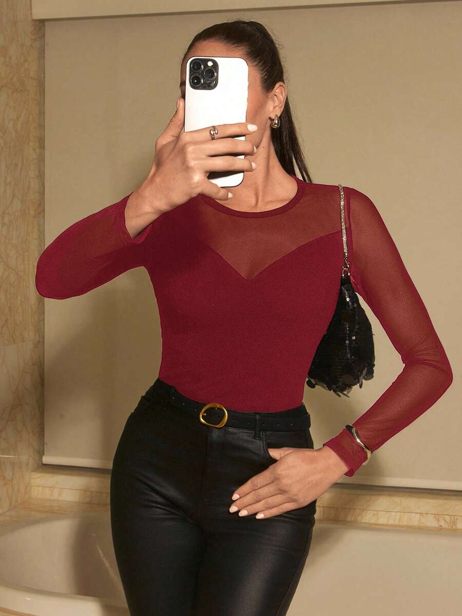 Lavishia Women's Solid Color Mesh Patchwork Sheer Long Sleeve Bodysuit - Burgundy - View 1