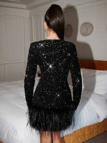 Lavishia Women's Sequin Patchwork Fuzzy Crew Neck Long Sleeve Dress Black Sparkle Dress Party Dress - Black - View 2