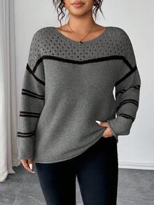 Elenzga Plus Size Women Sweater, Knitted Hollow Out Ribbed Hem Colorblock Striped Long Sleeve Pullover Casual Versatile Sweater Plus Size Sweaters Sweater Top - Dark Grey - View 5