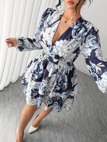 Elenzga Đầm cỡ lớn dành cho nữ, cổ chữ V, tay phồng, viền bèo nhún đôi, họa tiết hoa. - Nhiều màu - Xem 6