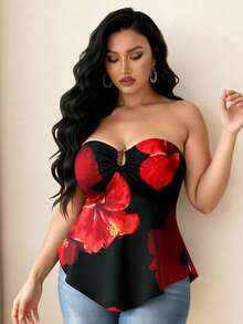 Elenzga Atasan Bustier Rajut Elegan untuk Wanita Ukuran Besar dengan Kancing Dekoratif, Motif Bunga Digital Acak, Hitam - Hitam - View 9