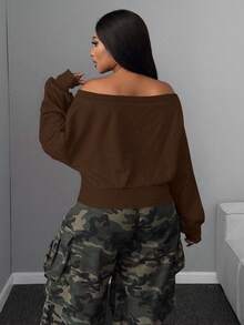 Maweii 初秋性感修身高腰露脐扭肩长袖卫衣，大码 - 咖啡棕 - 查看 4