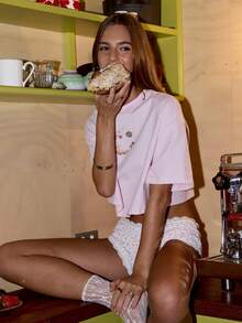 Aralina Women's Bread Print Round Neck Short Sleeve Cropped T-Shirt - Pink - View 8