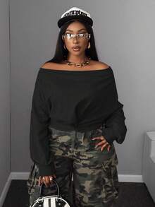 Maweii Sudadera de manga larga con hombros retorcidos, ajuste ceñido y cintura alta, estilo sexy para otoño temprano, talla grande - Negro - Ver 3