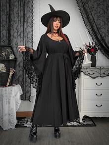 Whyspr 春、秋、冬皆宜，百搭优雅时尚暗黑哥特风蝙蝠袖网纱蕾丝饰边腰带A字连衣裙，哥特洛丽塔长裙，女士 - 黑色 - 查看 6