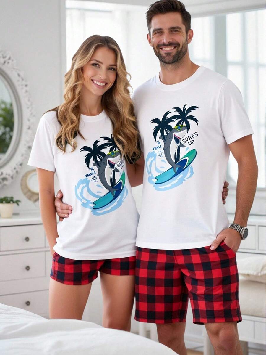 Velminro Men's Bear & Shark Print Crew Neck Short Sleeve Loungewear Top Couple Matching Vacation Clothes Couple Matching Sets Beach Couple Outfits Matching Pajama Set Couple
