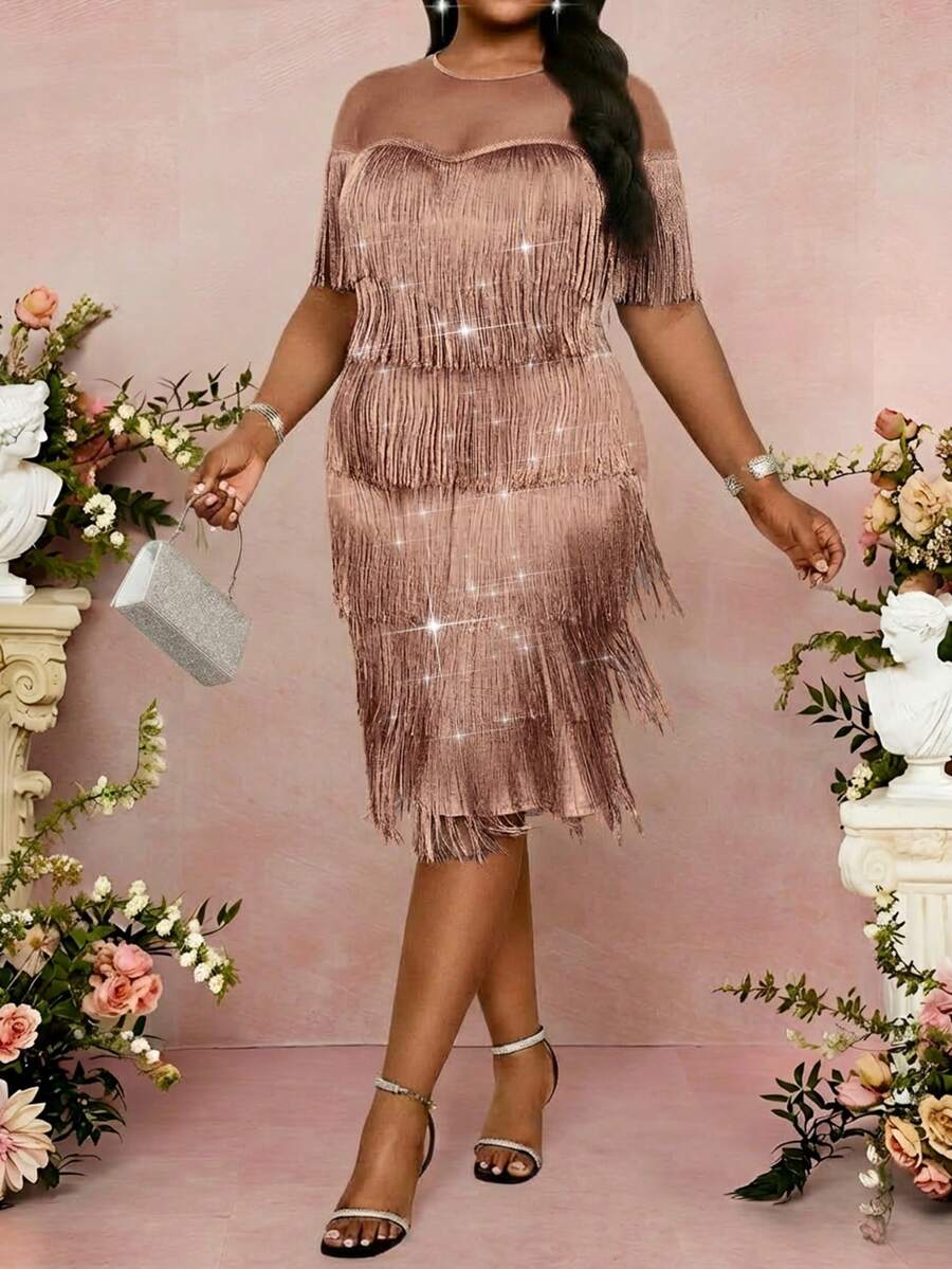 SHEIN Lady Plus Size Fringe Decor Fashion Round Neck Khaki Dress Women's Formal Dresses, Women's Elegant Dresses, Women's Elegant Party Dresses, New Year's Dresses, Winter Dresses, Shimmering Dresses, Women's Floral Dresses, Women's Gold Dresses, Women's Luxury Dresses, Brocade Jacquard Dresses, Women's Church Gowns, Dubai Robes, Women's Luxurious Shimmering Dresses, Wedding Party Dresses.Spring Outfit Women  Fringe Dress Plus Size Flapper Dress Plus Size Rose Gold Dress Plus Sequin Dress Plus Size Slay Diva Dress Summer Dress  Beach Dress  Party Dress - Dusty Pink - View 1