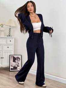 SHEIN EZwear 2pcs Women's Casual Solid Wide Strap Cardigan And Drawstring Waist Flare Pants Outfit In Fall/Winter - Navy Blue - View 3