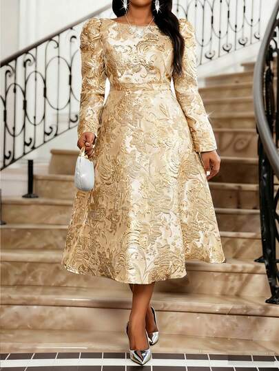 Fleurora Plus Size Round Neck Raglan Sleeve Waist Embroidered Elegant Gold Dress Women's Formal Dresses, Women's Elegant Dresses, Women's Elegant Party Dresses, New Year's Dresses, Winter Dresses, Shimmering Dresses, Women's Floral Dresses, Women's Gold Dresses, Women's Luxury Dresses, Brocade Jacquard Dresses, Women's Church Gowns, Dubai Robes, Women's Luxurious Shimmering Dresses, Women's New Year's Dresses, Wedding Party Dresses. Gold Elegant Dress Women Long Sleeve Elegant Dress Elegant Midi Dress Luxury Dress For Women Gold Midi Dress  Party Dress  Birthday Dress  Sparkly Dress  Floral Dress Wedding Guest Dress For Women