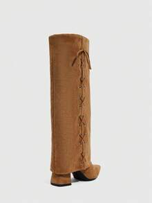 Daringsoles Giày bốt cao đến đầu gối buộc dây mũi nhọn thời trang hàng ngày đa năng cho nữ - màu nâu - Xem 3
