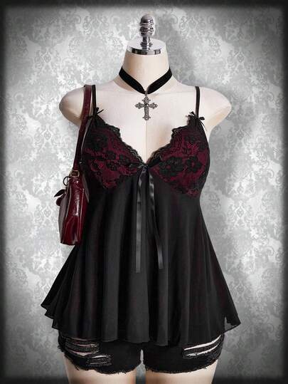 SHEIN ICON Plus Size Women Floral Lace Patchwork Bow Decor Fashion Camisole Plus Size Goth Gothic Women Clothes Gothic Top Black Babydoll Top Gothic Summer Clothes
