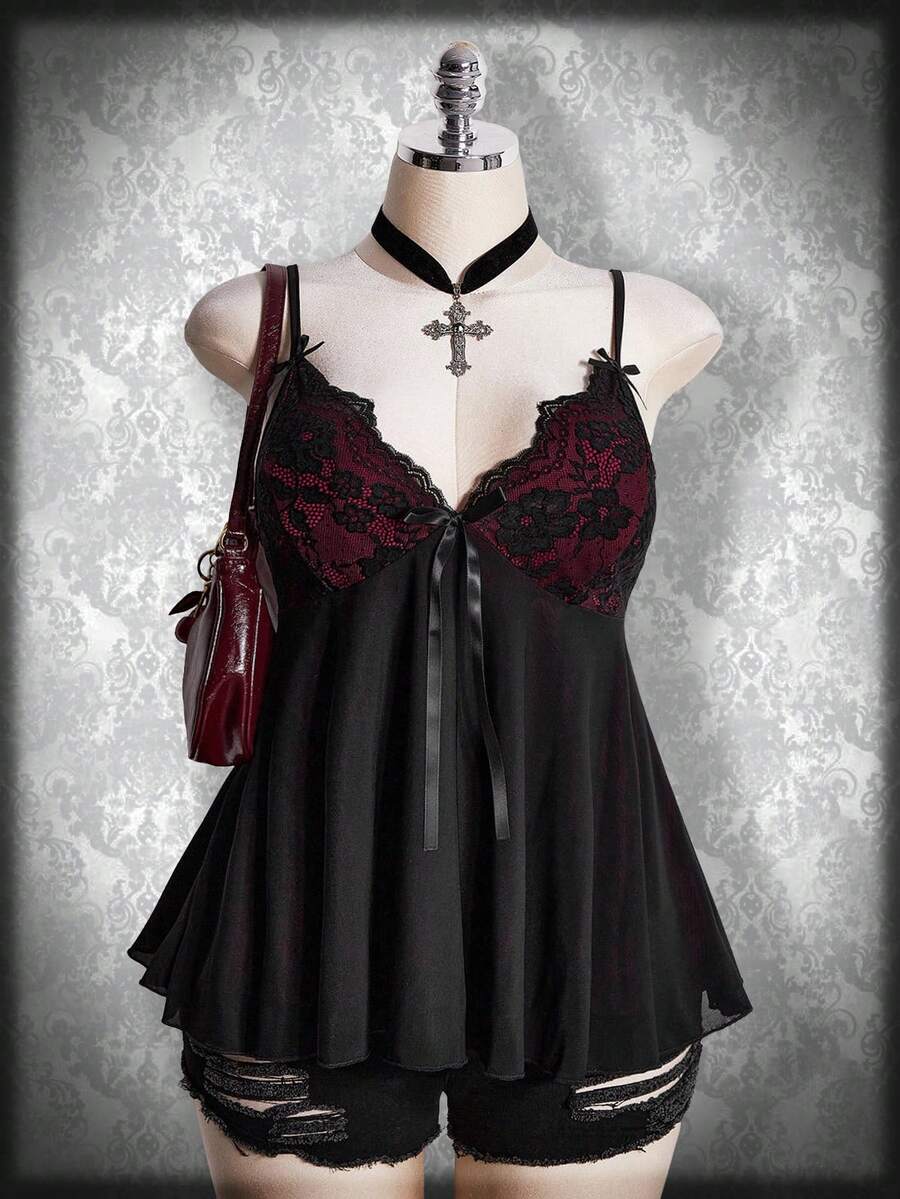 SHEIN ICON 大码女式花卉蕾丝拼接蝴蝶结装饰时尚吊带背心 - 酒紅色 - 查看 1