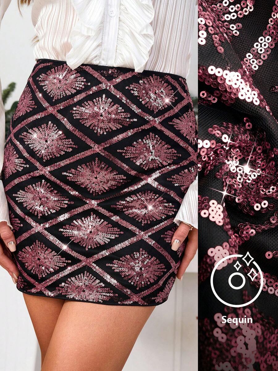 SHEIN Clasi Women's Sequin Mini Skirt, Suitable For Parties, Gatherings, Christmas, New Year - Burgundy - View 1