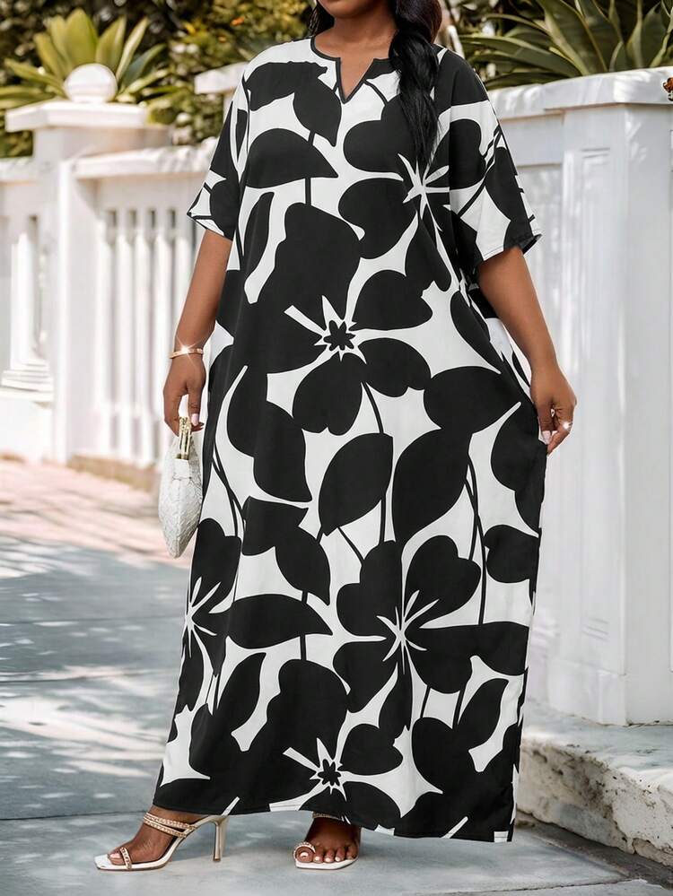 SHEIN Lady Casual Dresses  Plus Size V-Neck Short Sleeve Floral Print Loose Long Casual Dress With Pockets - Multicolor - View 4