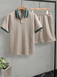 EGENSIO Men's Textured Solid Polo Shirt & Drawstring Shorts Set - Apricot - View 3