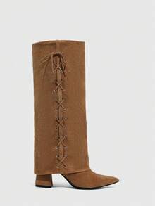 Daringsoles Giày bốt cao đến đầu gối buộc dây mũi nhọn thời trang hàng ngày đa năng cho nữ - màu nâu - Xem 2
